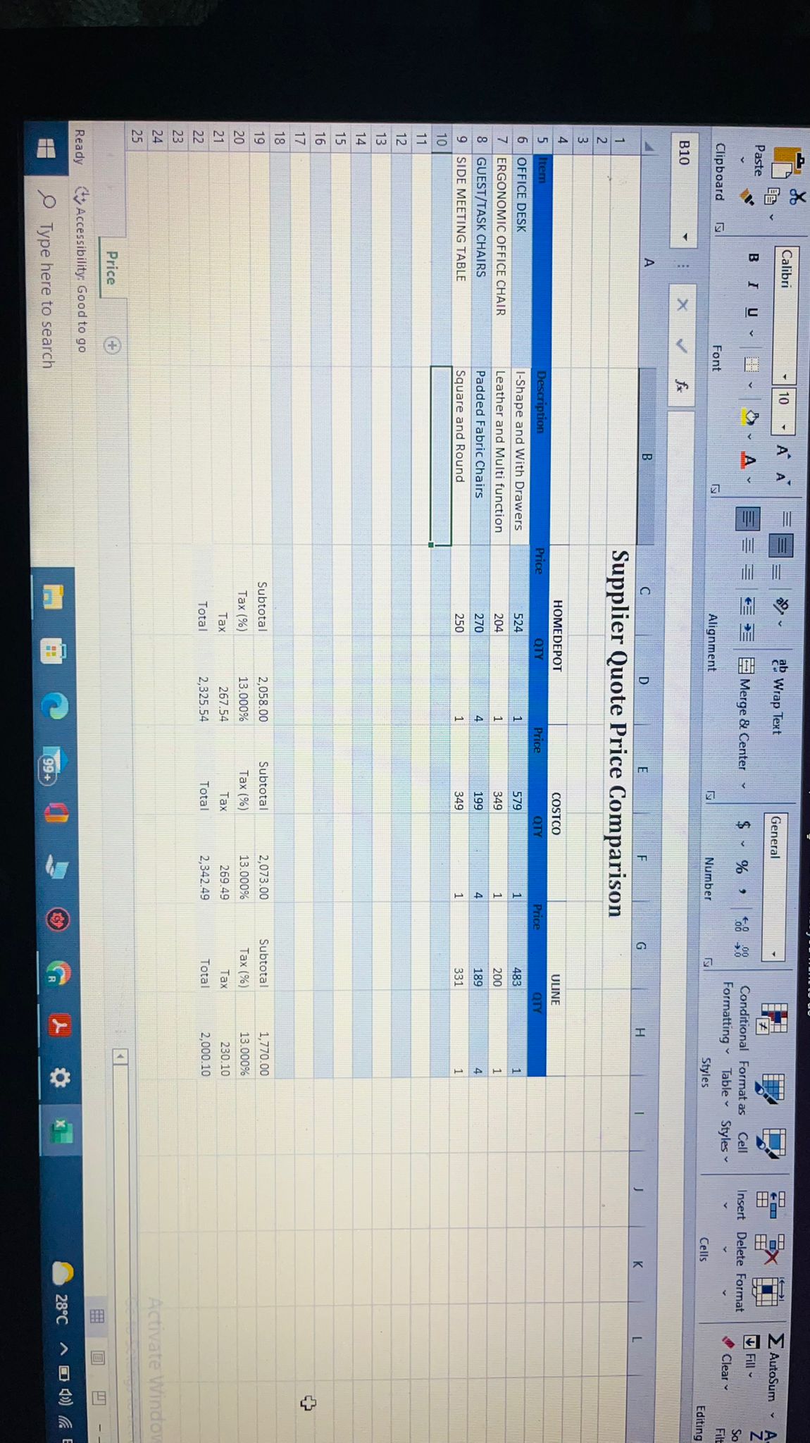 Using our quote comparison and supplier evaluation (Questions 3&4) , provide a