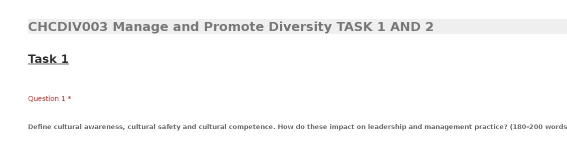  CHCDIV003 Manage and Promote Diversity TASK 1 AND 2 Task 1