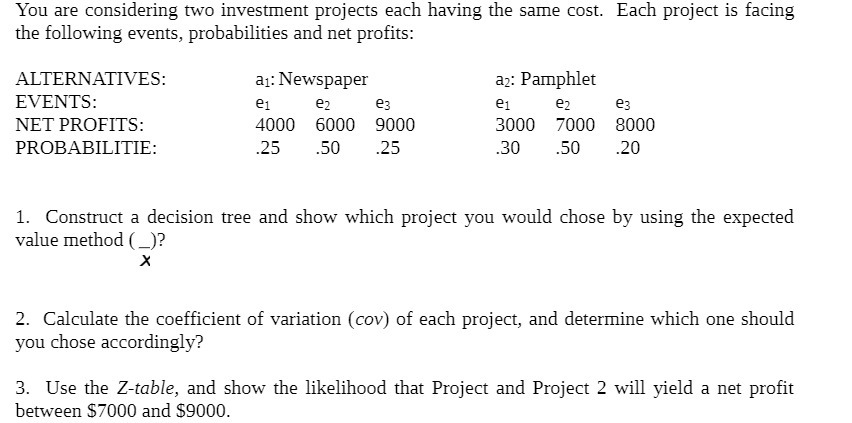 You are considering two investment projects each having the same cost.