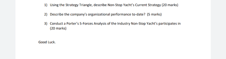 1) Using the Strategy Triangle, describe Non-Stop Yacht's Current Strategy (20