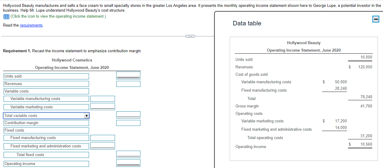 Read the Data table Requirement 1. Recast the income statement to