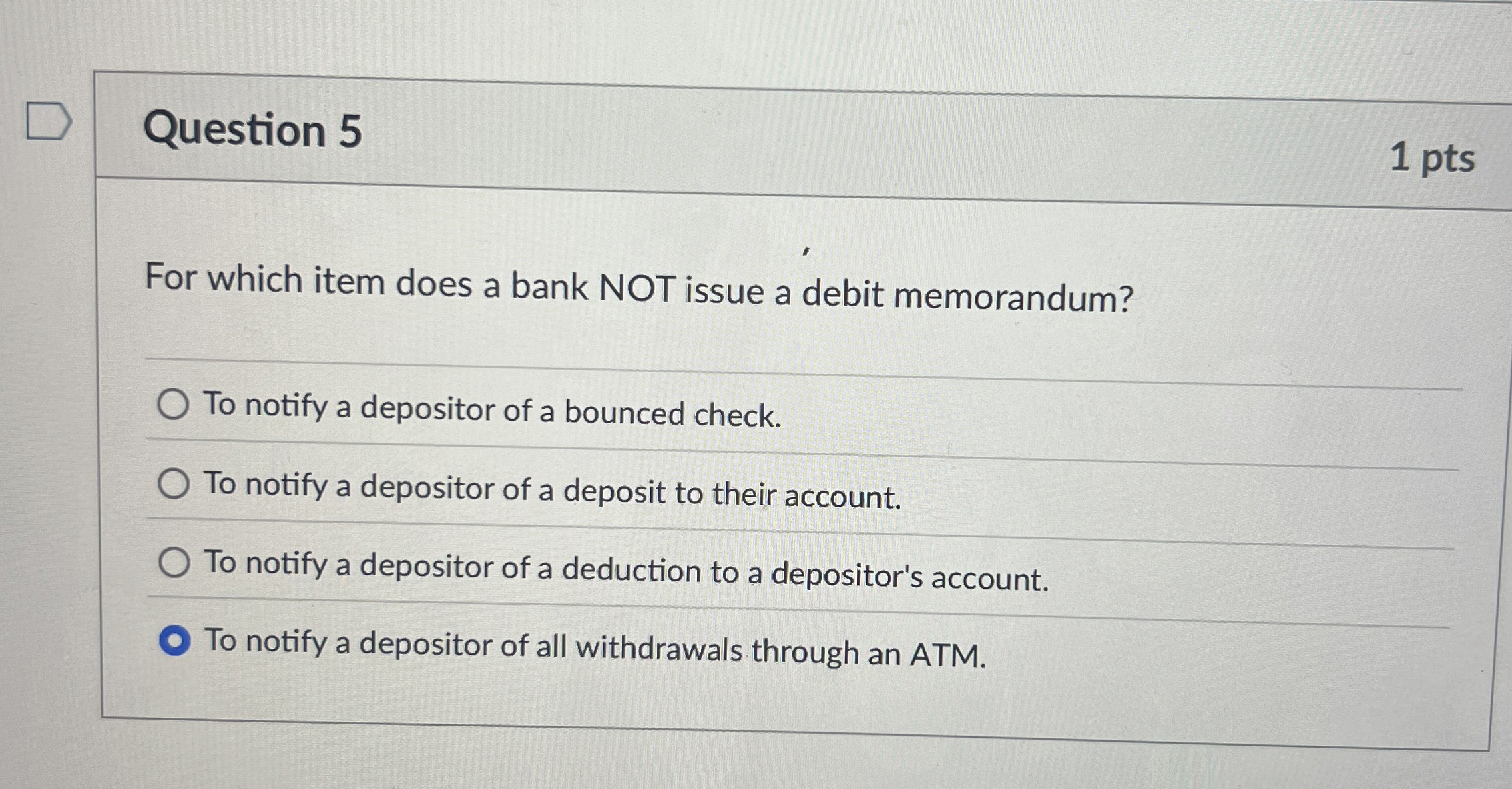  Question 5 For which item does a bank NOT issue a