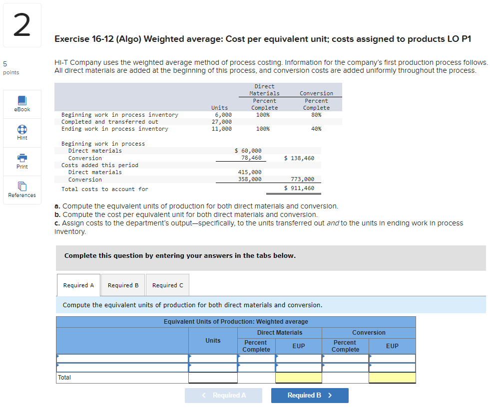  Exercise 16-12 (Algo) Weighted average: Cost per equivalent unit; costs assigned