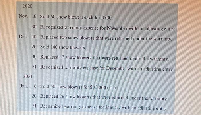 warranty liabilities L04 CHECK FIGURES: 2. $5,400; 3. $11,340; 4. $2,700 On
