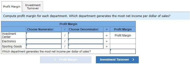 for each department. Using return on investment, which department is most efficient
