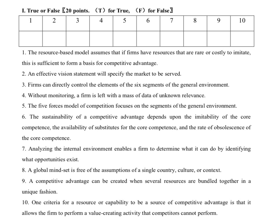 Strategic management. 1. True or False K20 points. ('1') for True, (F)