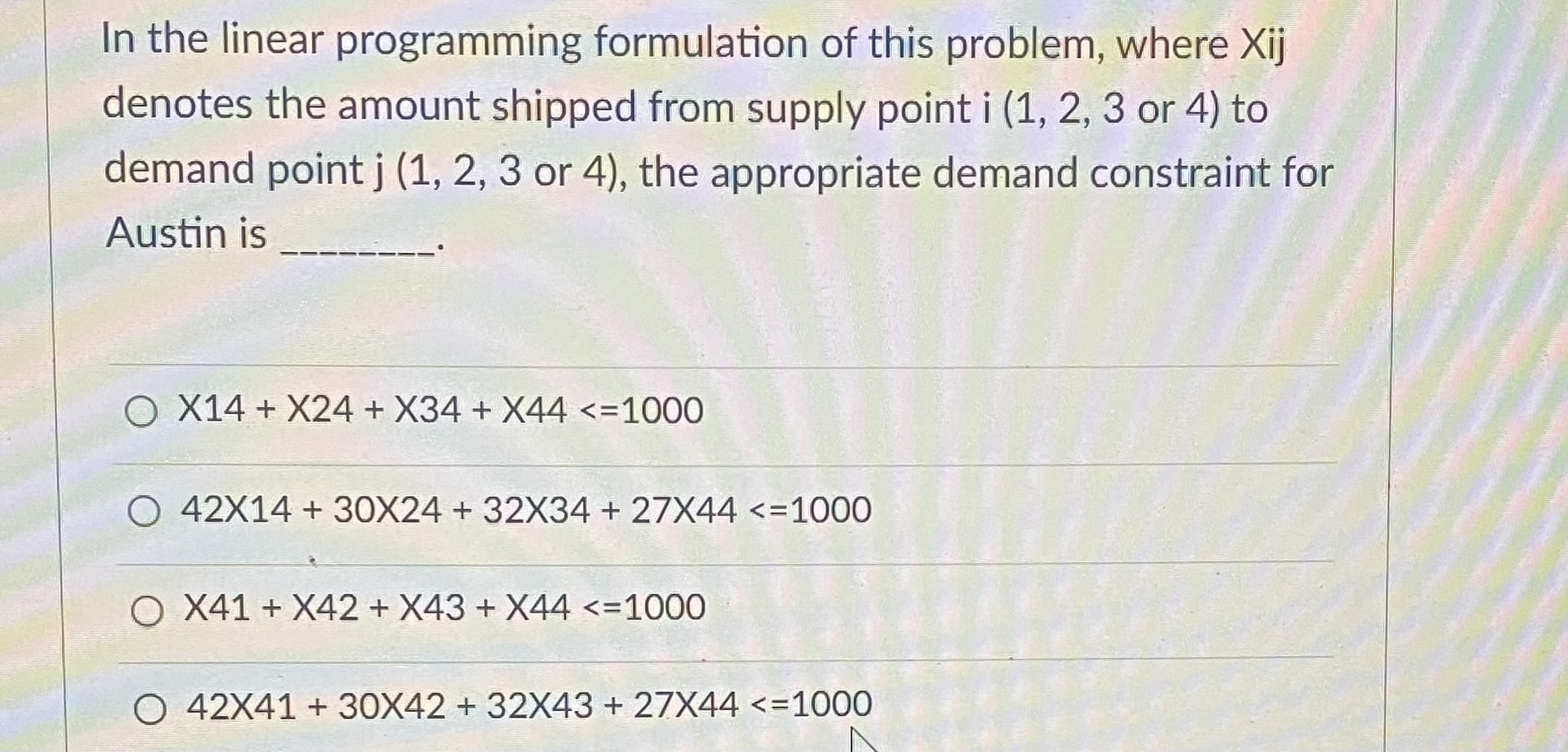  In the linear programming formulation of this problem, where xij denotes