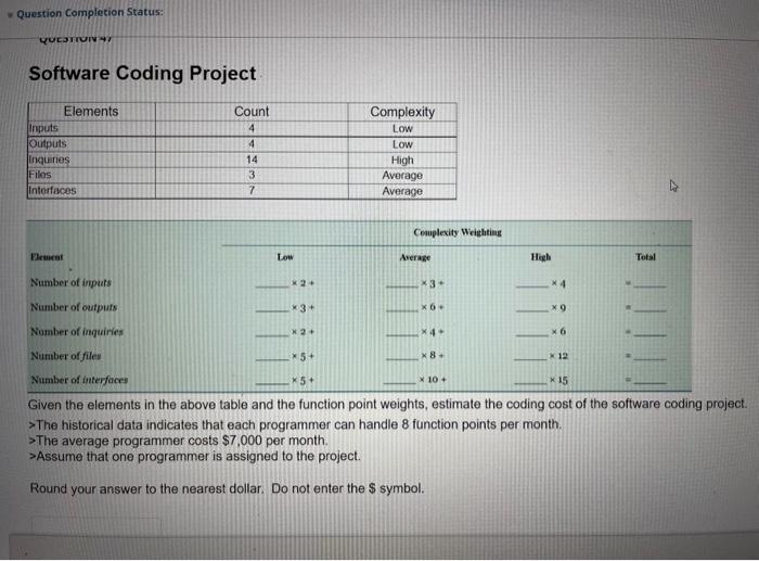  Software Coding Project Given the elements in the above table and
