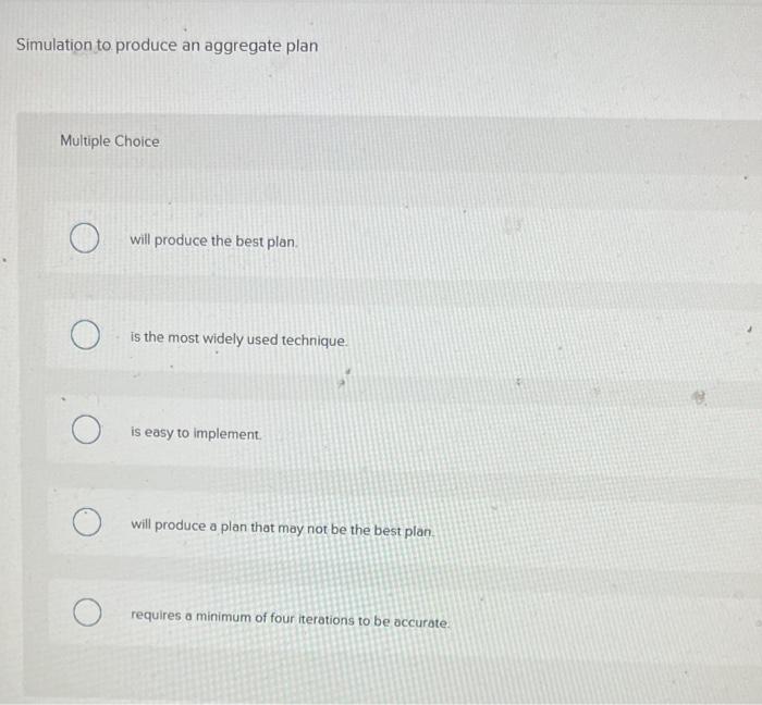  Simulation to produce an aggregate plan Multiple Choice will produce the
