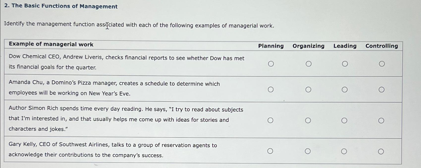  The Basic Functions of Management Identify the management function assciated with