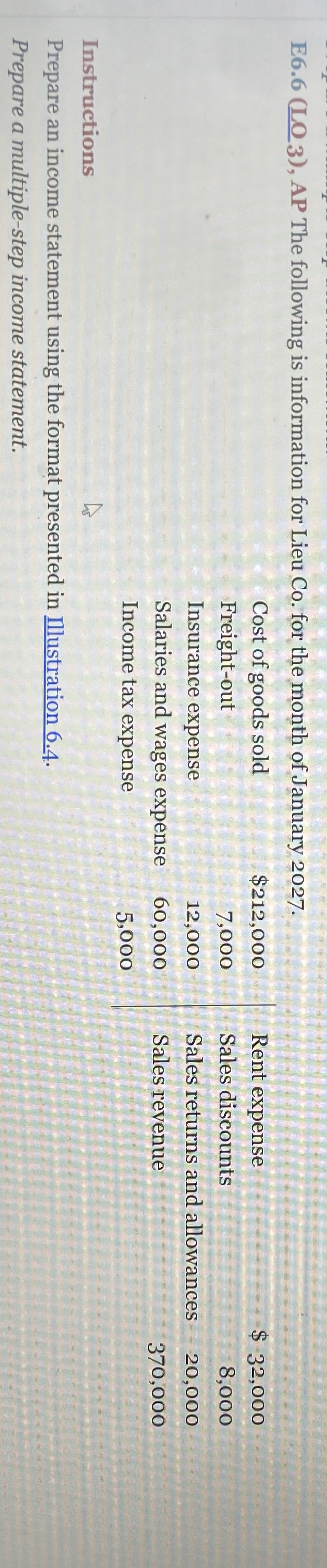  E6.6(LO 3), AP The following is information for Lieu Co. for