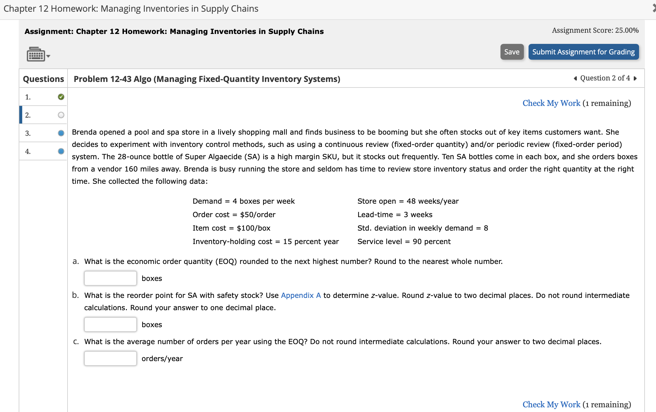  Chapter 12 Homework: Managing Inventories in Supply Chains Assignment: Chapter 12