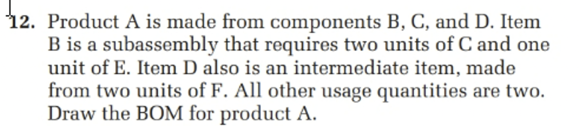  Product A is made from components B, C, and D. Item