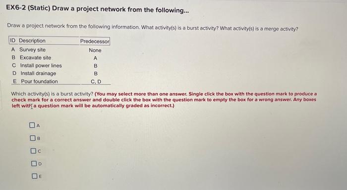 Help Please. EX6-2 (Static) Draw a project network from the following... Draw