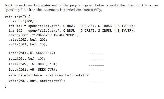 Next to each marked statement of the program given below, specify