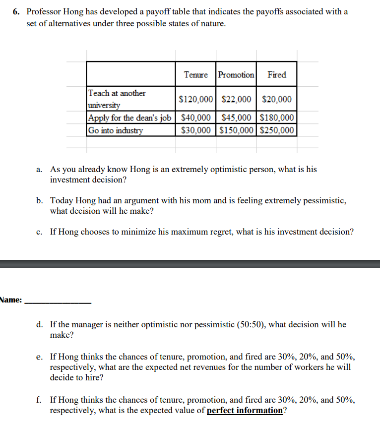 6. Professor Hong has developed a payoff table that indicates the