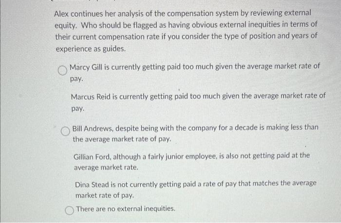 Answer ALL and receive a like! Alex continues her analysis of the