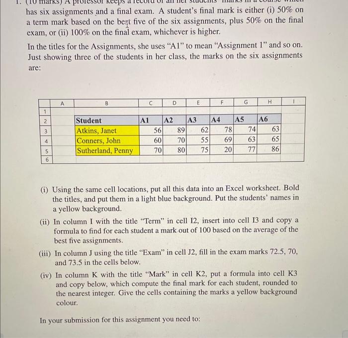  has six assignments and a final exam. A student's final mark