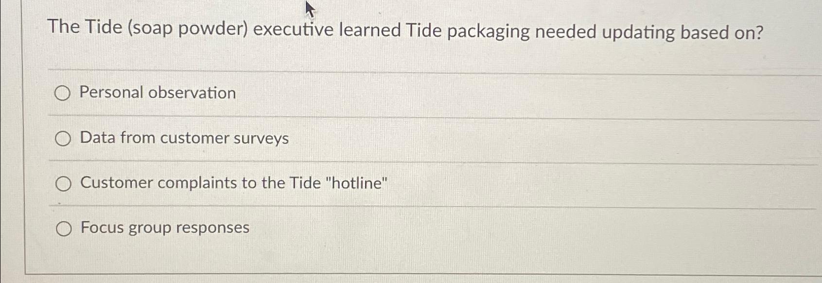  The Tide (soap powder) executive learned Tide packaging needed updating based
