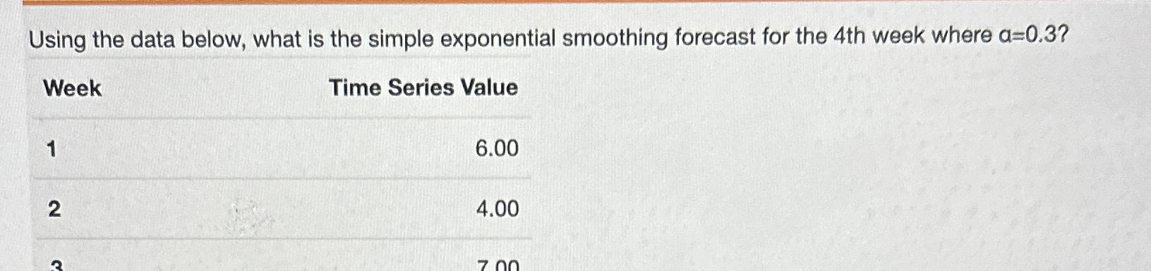  Using the data below, what is the simple exponential smoothing forecast