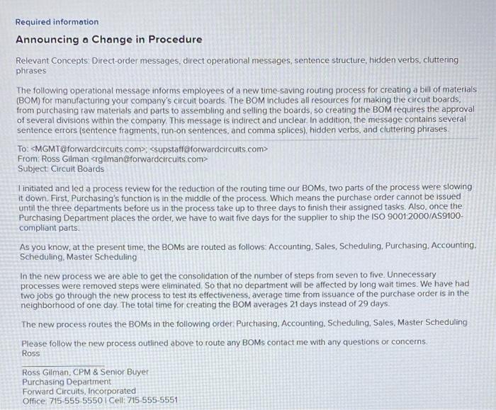  Announcing a Change in Procedure Relevant Concepts. Direct-order messages, direct operational