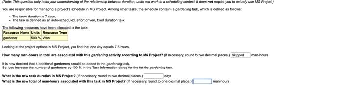  You are redponsible for managing a projects schedule in MS Projoct.