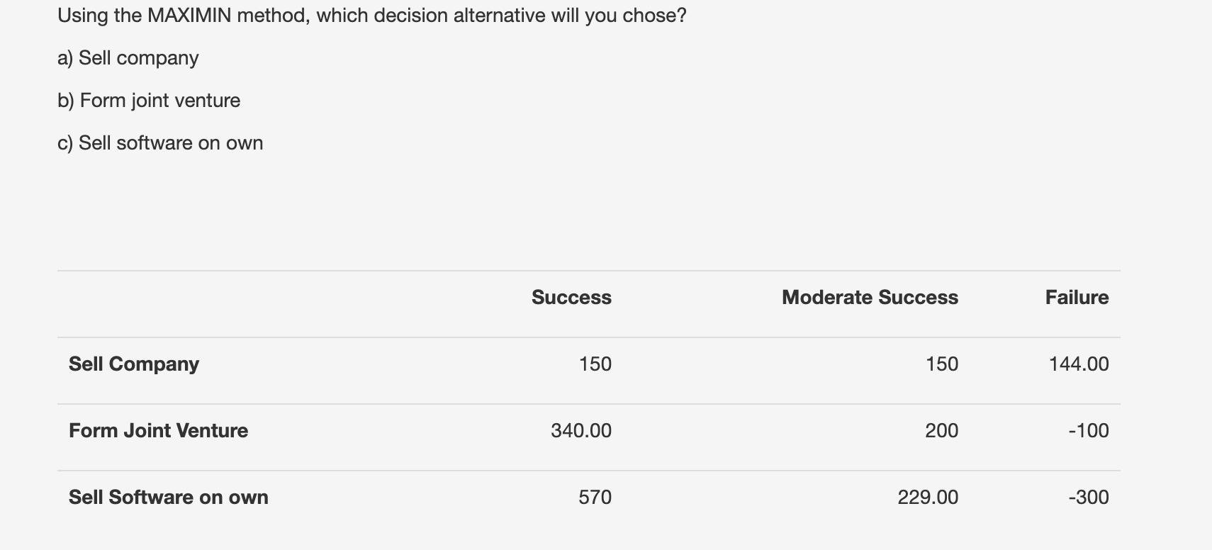 Using the MAXIMIN method, which decision alternative will you chose? a)