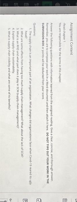  Assignment Content -Read chapter 1 You are responsible for the terms