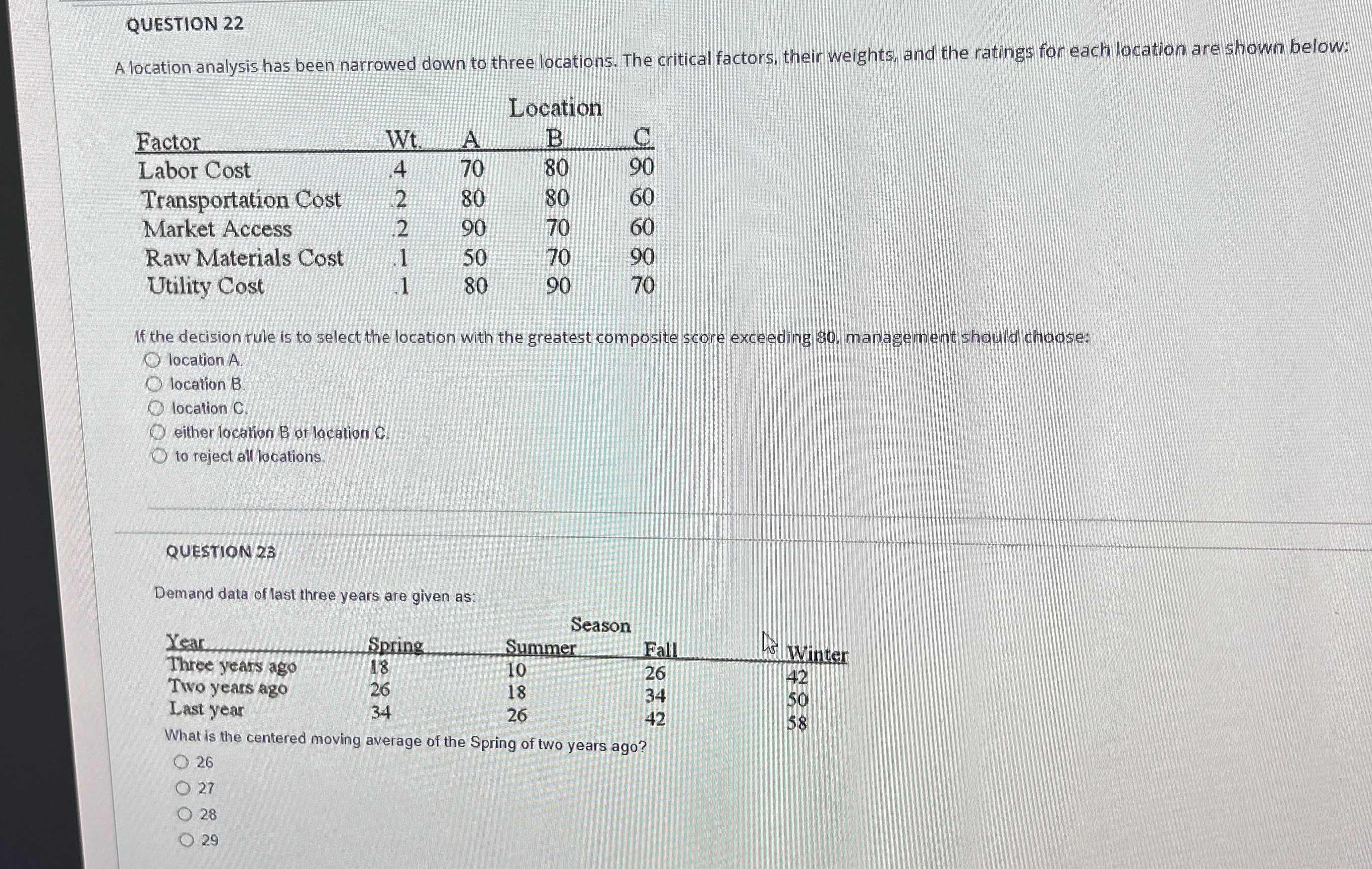  QUESTION 22 A location analysis has been narrowed down to three