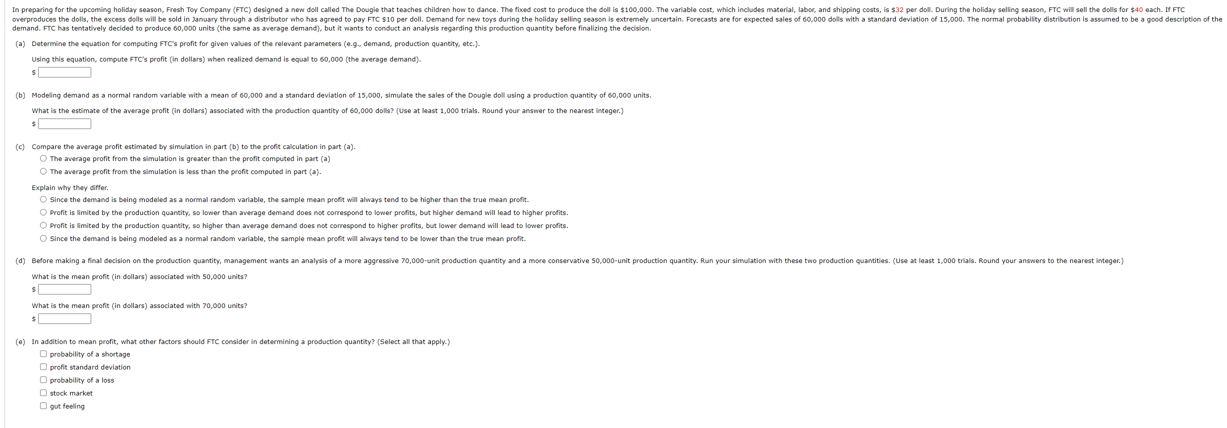(a) Determine the equation for computing FTC's profit for given values