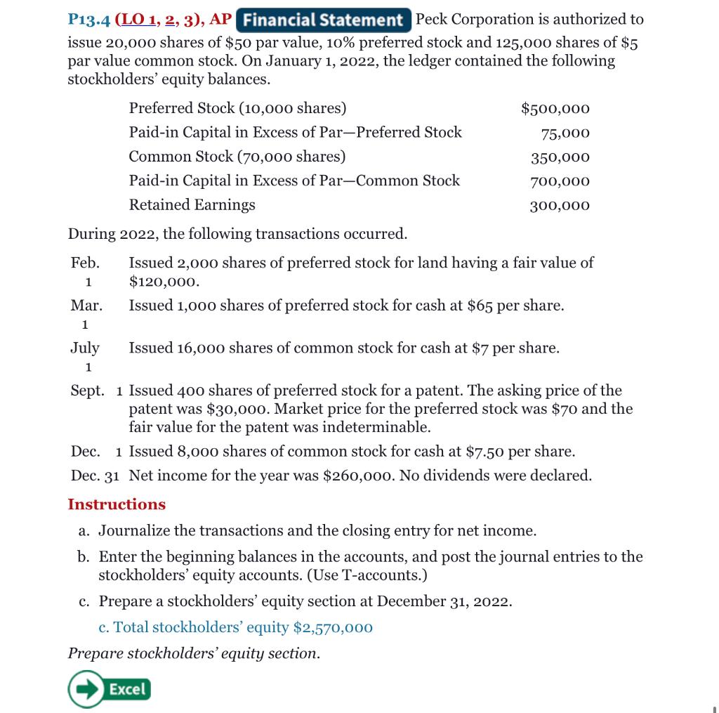  PLEASE PREPARE THE EQUITY SECTION P13.4 (LO1, 2, 3), AP Peck