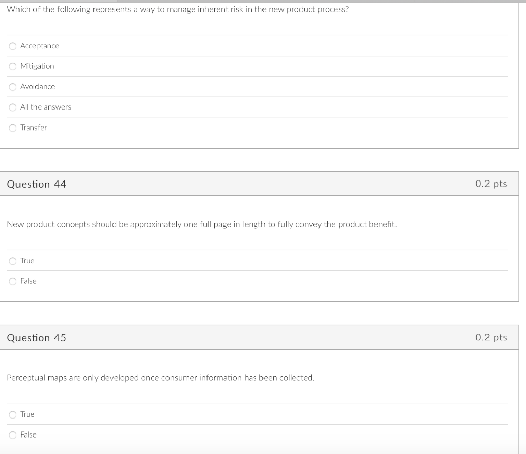  Acceptance Mitigation Avoidance All the answers Transfer Question 44 New product
