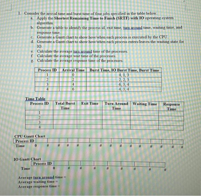 SRTF with IO. Write it neatly please. CPU Grantt Chart: Fill in