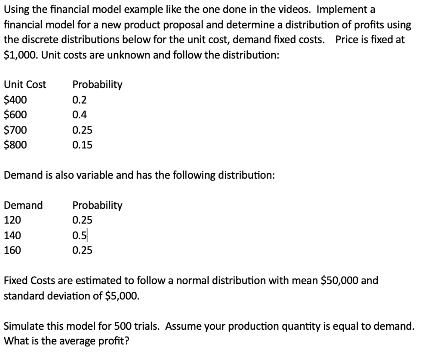  Using the financial model example like the one done in the