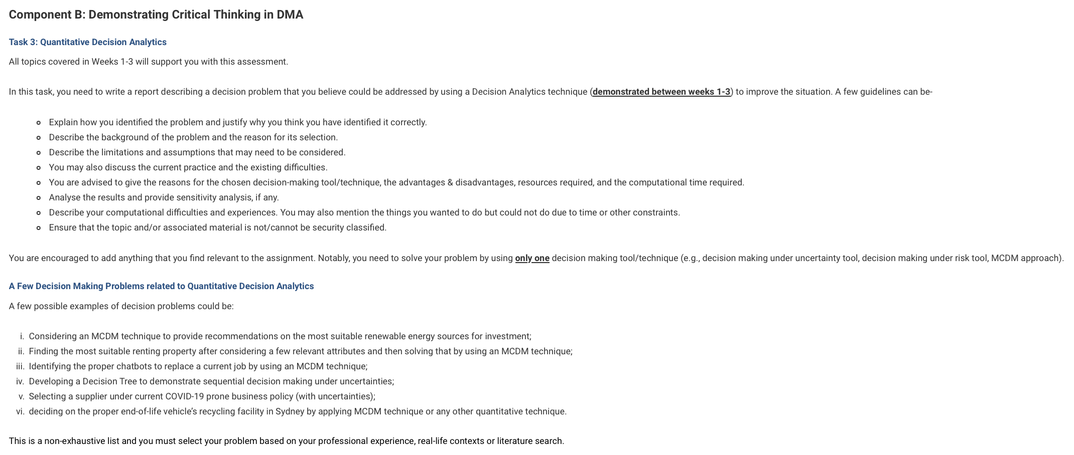  Component B: Demonstrating Critical Thinking in DMA Task 3: Quantitative Decision