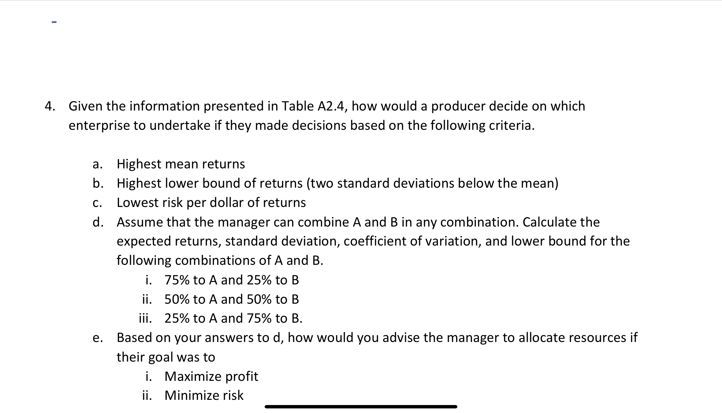4. Given the information presented in Table A2.4, how would a