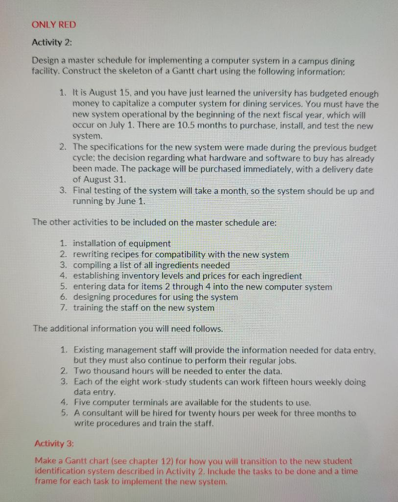 Activity 2: Design a master schedule for implementing a computer system