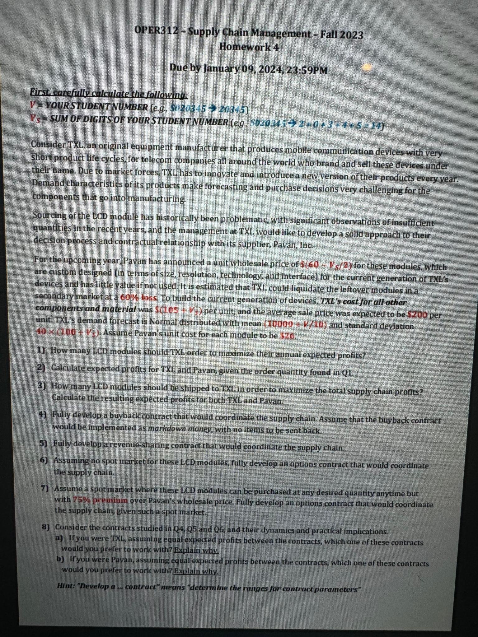  OPER312- Supply Chain Management - Fall 2023 Homework 4 Student number: