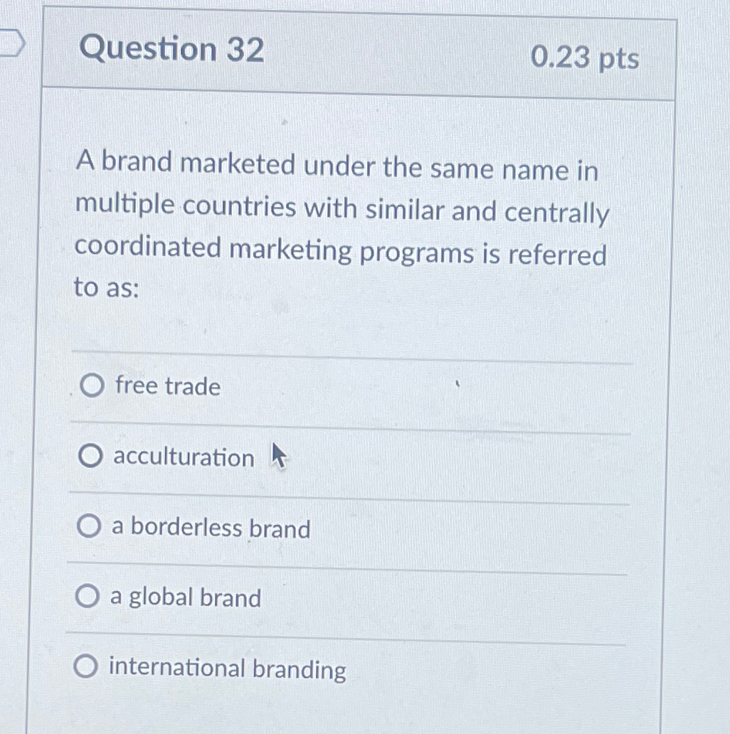  Question 32 0.23pts A brand marketed under the same name in