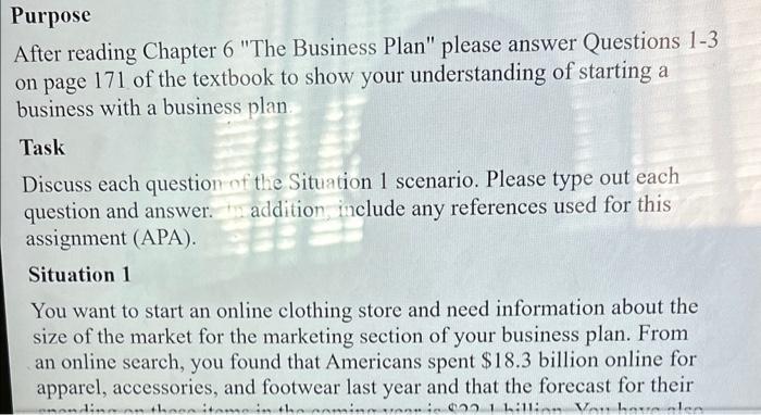  Purpose After reading Chapter 6 "The Business Plan" please answer Questions