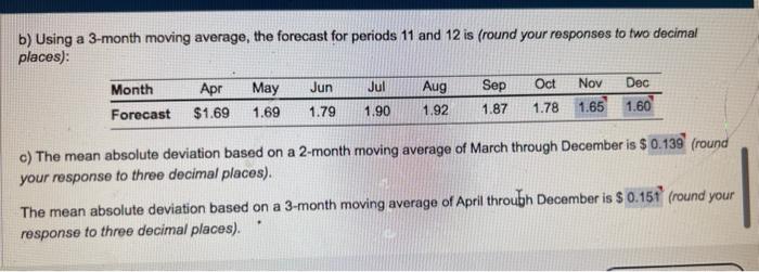  b) Using a 3-month moving average, the forecast for periods 11