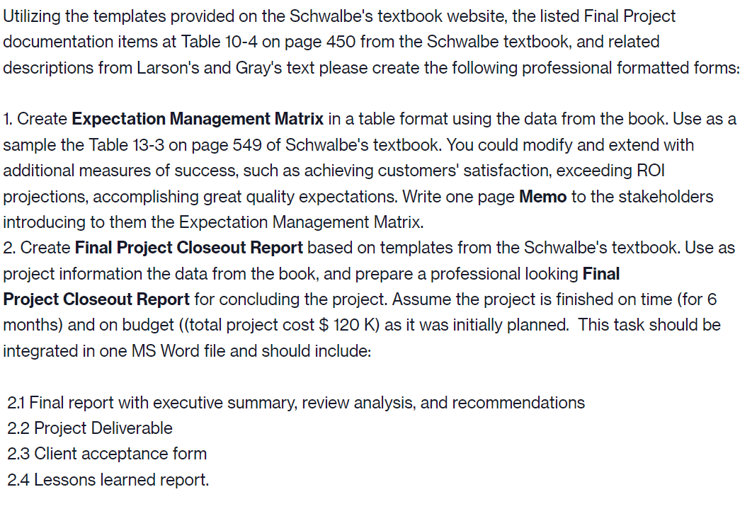  Utilizing the templates provided on the Schwalbe's textbook website, the listed