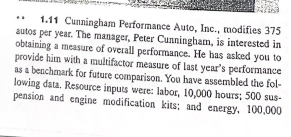  1.11 Cunningham Performance Auto, Inc., modifies 375 autos per year. The