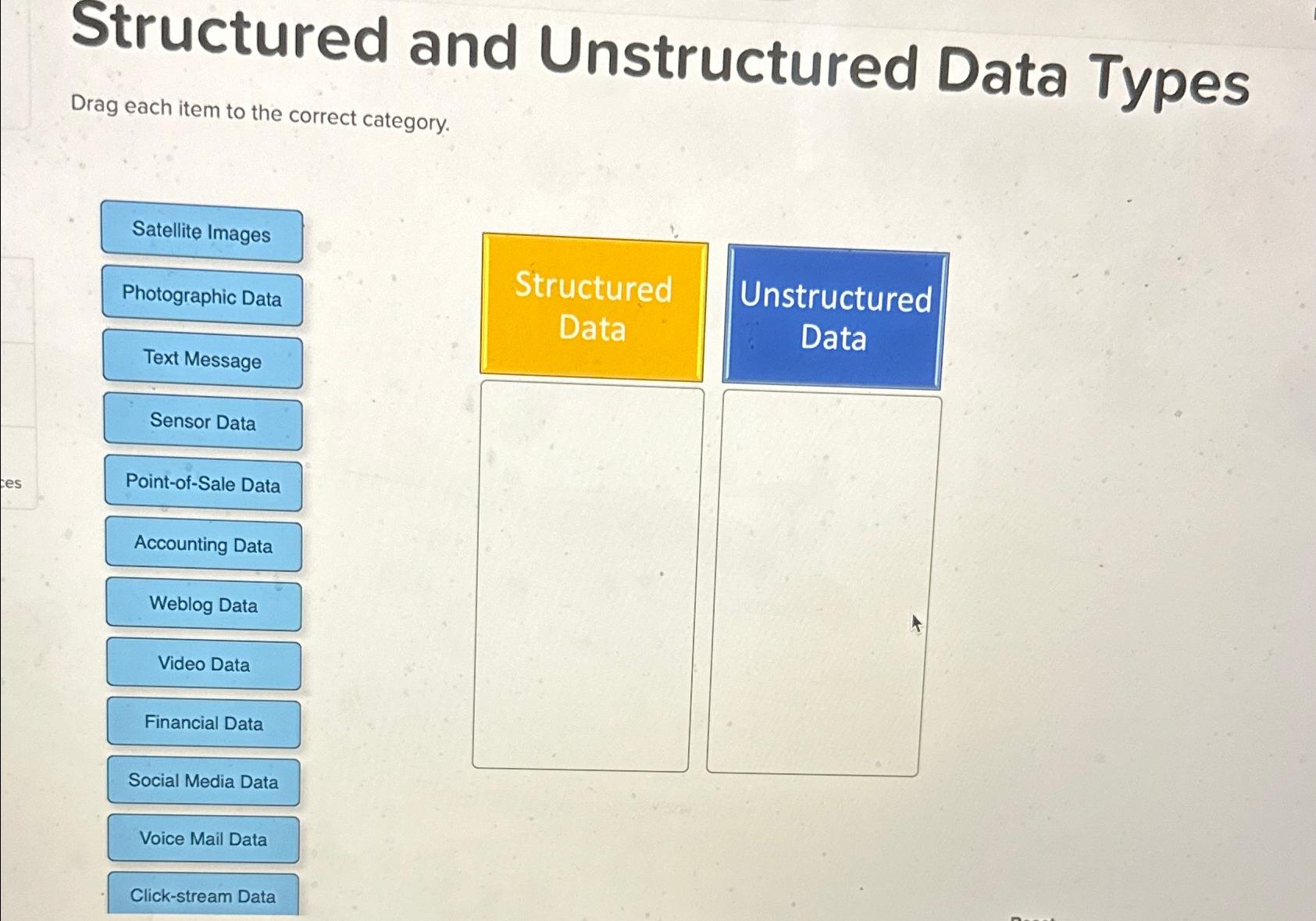  Structured and Unstructured Data Types Drag each item to the correct