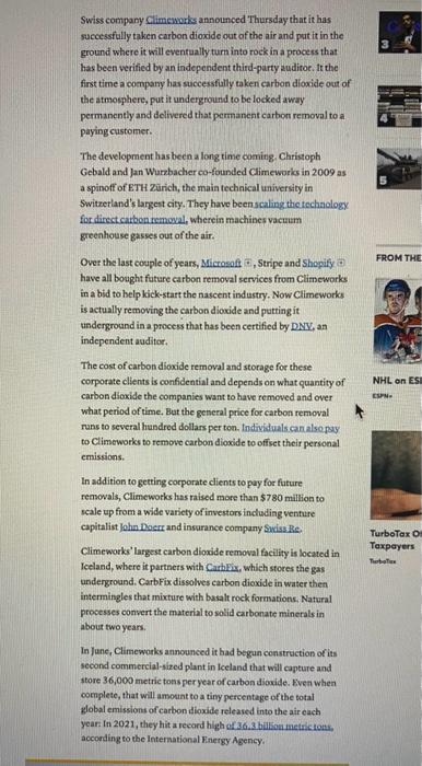 Climeworks article. Are forces in the general environment affecting this company? If