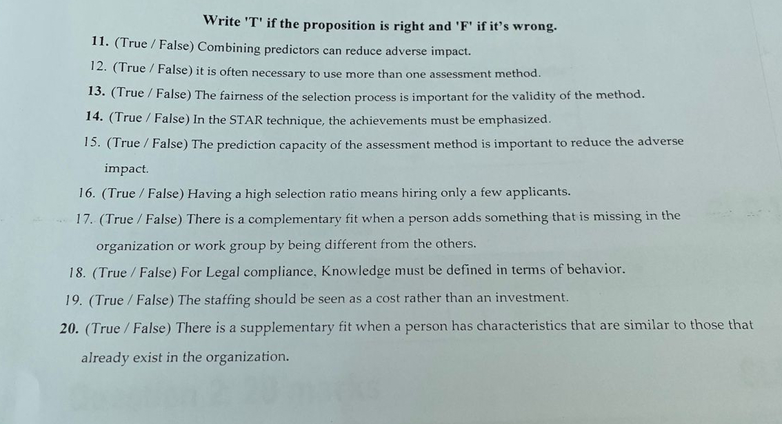 Write 'T' if the proposition is right and 'F' if it's