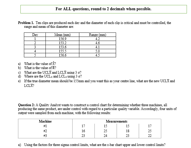  Problem 1. Ten clips are produced each day and the diameter