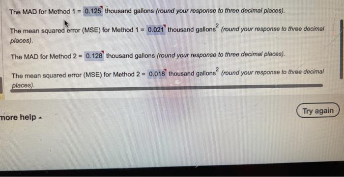  The MAD for Method 1=0.125 thousand gallons (round your response to