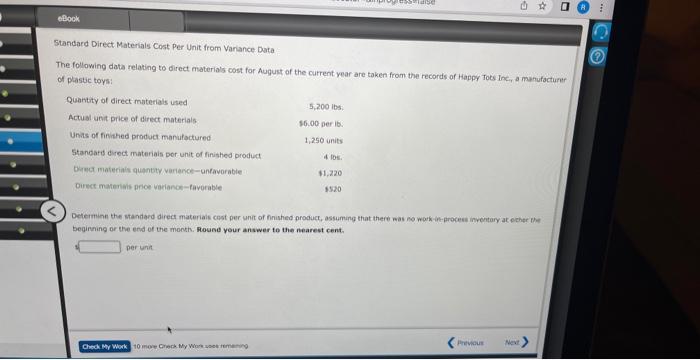 need help Standard Direct Materials Cost Per Unit from Variance Dota The