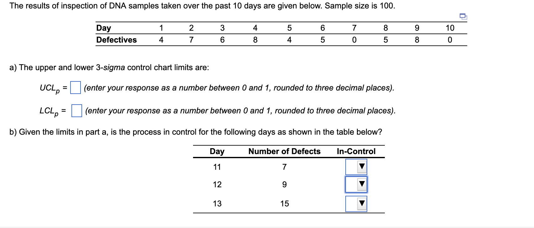  a) The upper and lower 3-sigma control chart limits are: UCLp=(enteryourresponseasanumberbetween0and1,roundedtothreedecimalplaces).LCLp=(enteryourresponseasanumberbetween0and1,roundedtothreedecimalplaces).